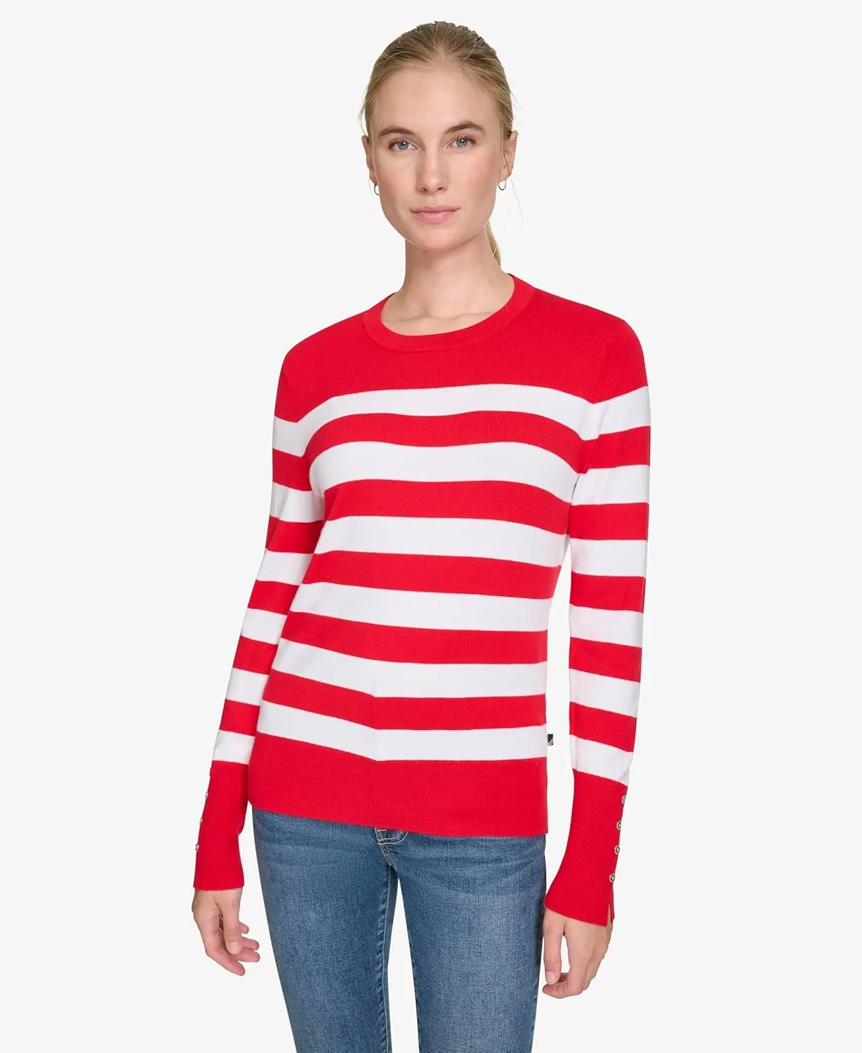 Nautica Women's Stripe Long Sleeve Crewneck Sweater