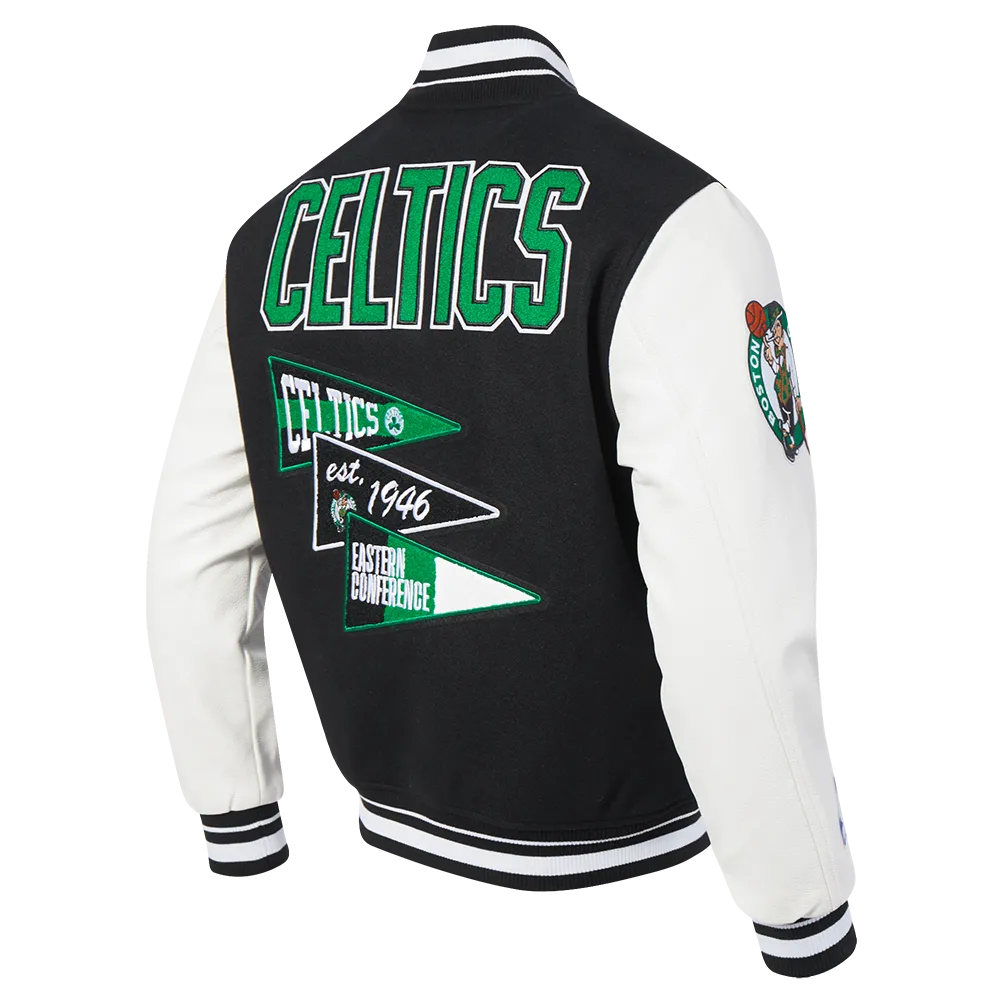 NBA BOSTON CELTICS TEAM PENNANTS MEN'S RIB WOOL VARSITY JACKET (BLACK/WHITE)