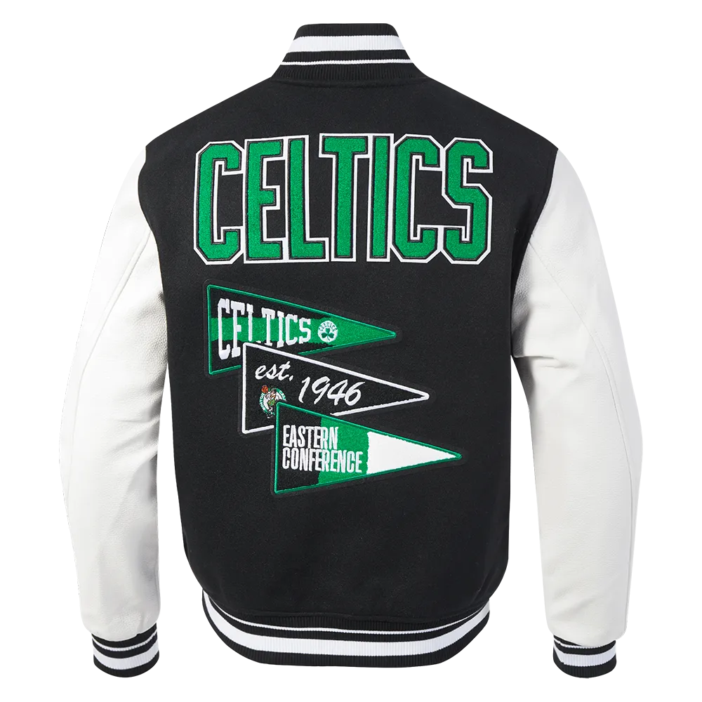 NBA BOSTON CELTICS TEAM PENNANTS MEN'S RIB WOOL VARSITY JACKET (BLACK/WHITE)