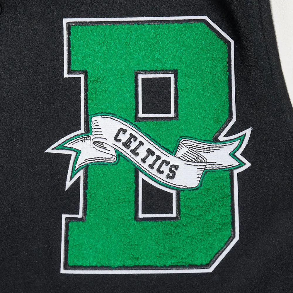 NBA BOSTON CELTICS TEAM PENNANTS MEN'S RIB WOOL VARSITY JACKET (BLACK/WHITE)