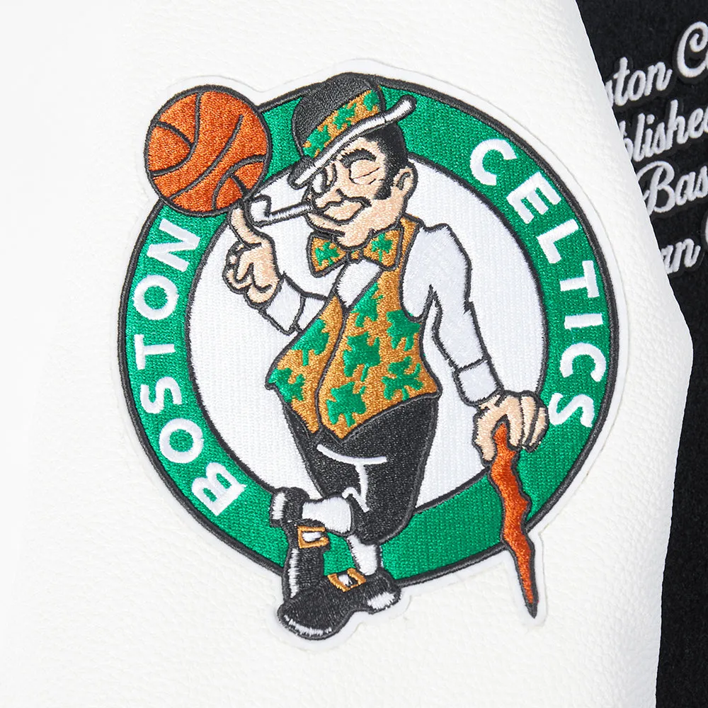 NBA BOSTON CELTICS TEAM PENNANTS MEN'S RIB WOOL VARSITY JACKET (BLACK/WHITE)