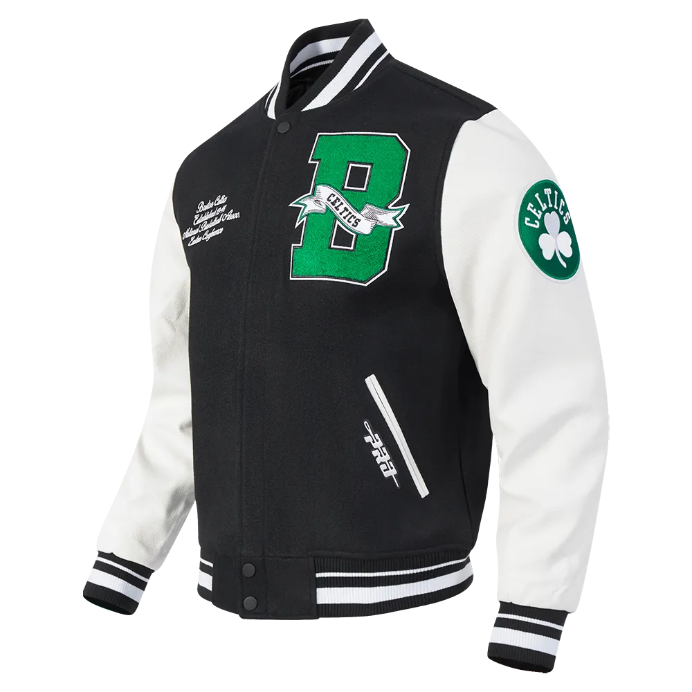 NBA BOSTON CELTICS TEAM PENNANTS MEN'S RIB WOOL VARSITY JACKET (BLACK/WHITE)