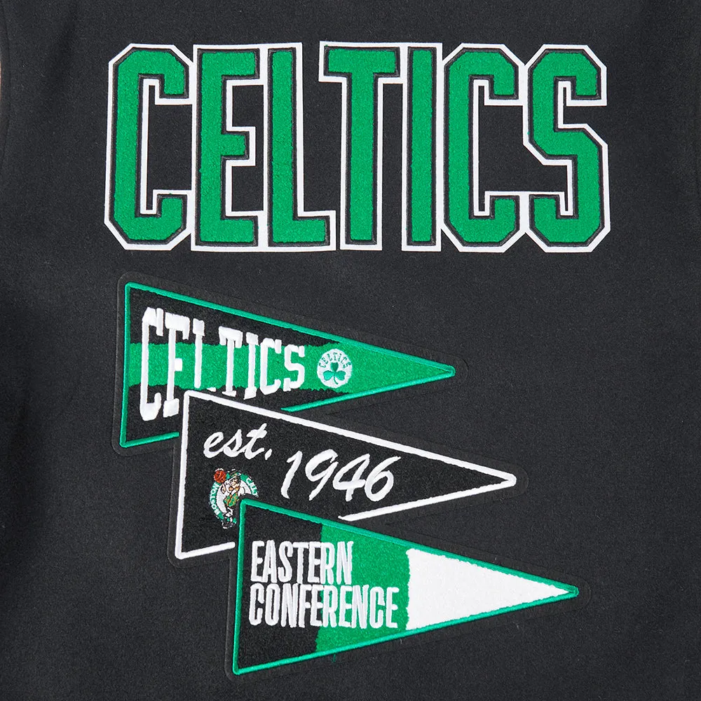 NBA BOSTON CELTICS TEAM PENNANTS MEN'S RIB WOOL VARSITY JACKET (BLACK/WHITE)