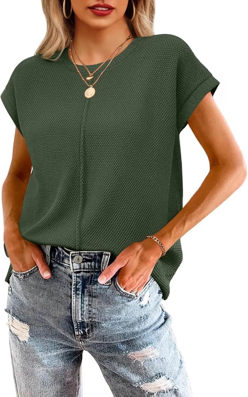 Neweek Womens Summer Cap Sleeve Tops Casual Crew Neck Sleeveless Knit Sweater Vest Loose Fit Lightweight Pullover Tank Tops