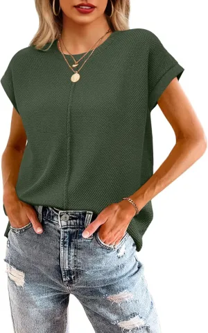 Neweek Womens Summer Cap Sleeve Tops Casual Crew Neck Sleeveless Knit Sweater Vest Loose Fit Lightweight Pullover Tank Tops