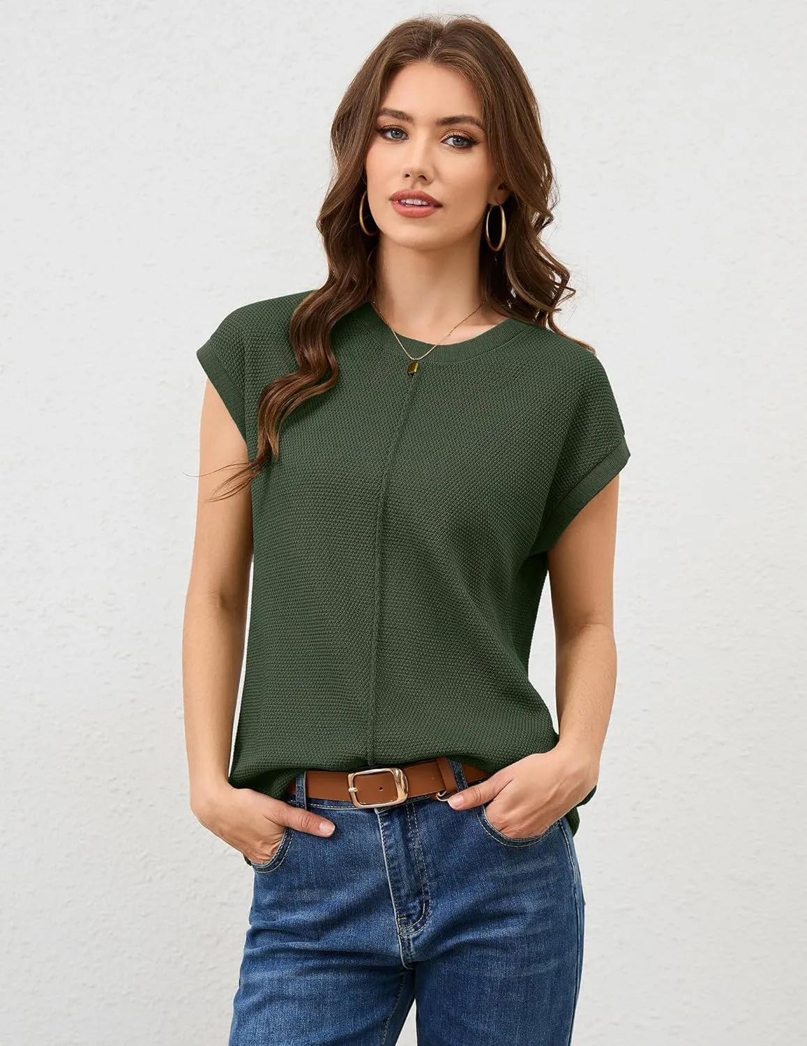Neweek Womens Summer Cap Sleeve Tops Casual Crew Neck Sleeveless Knit Sweater Vest Loose Fit Lightweight Pullover Tank Tops
