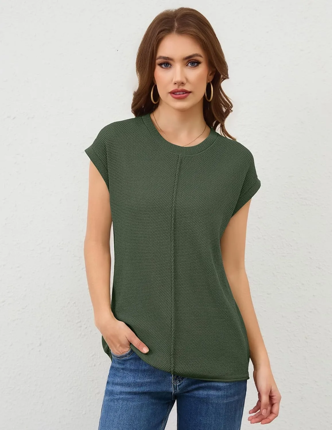 Neweek Womens Summer Cap Sleeve Tops Casual Crew Neck Sleeveless Knit Sweater Vest Loose Fit Lightweight Pullover Tank Tops