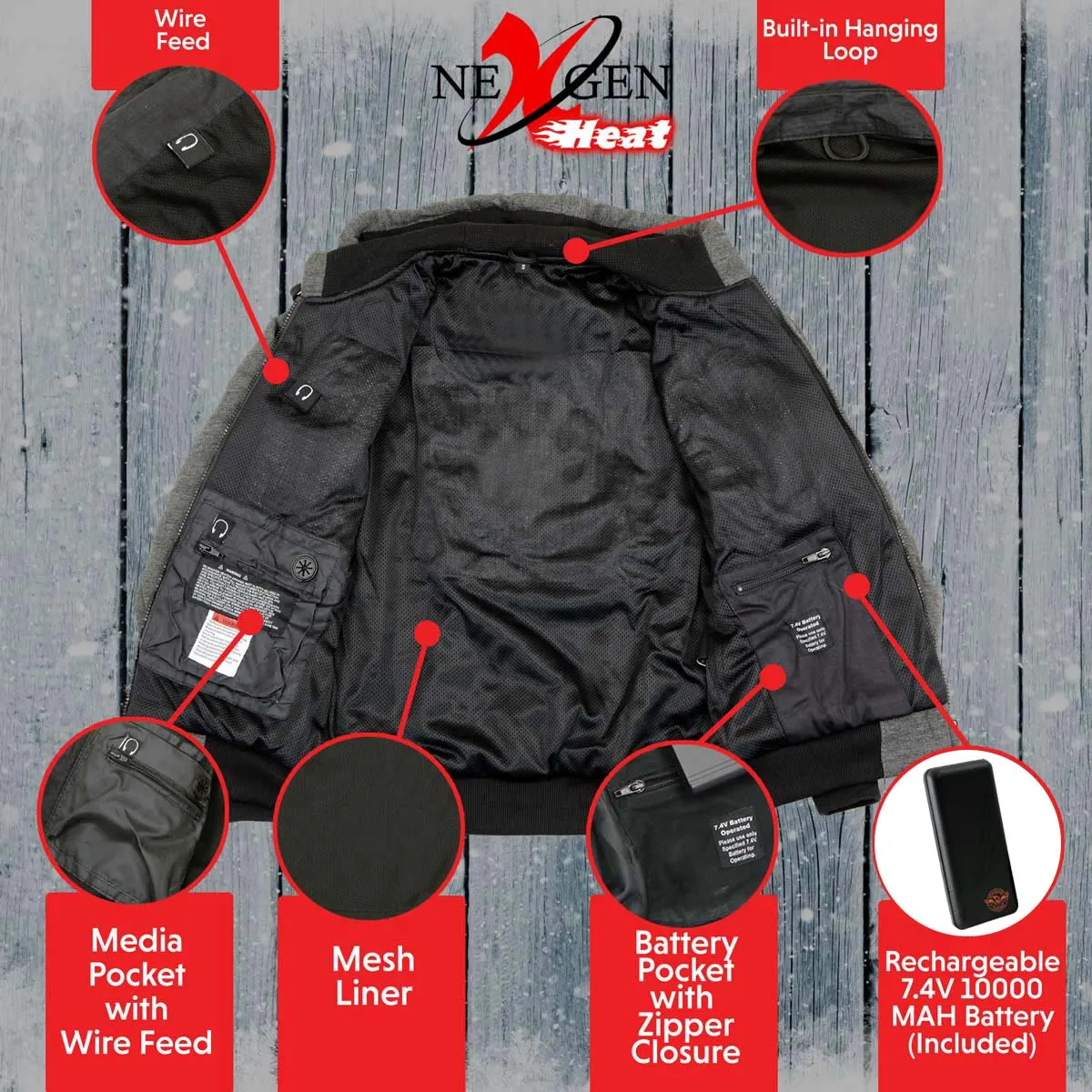 Nexgen Heat MPM1713SET Men's Fiery Grey Heated Sweatshirt Jacket