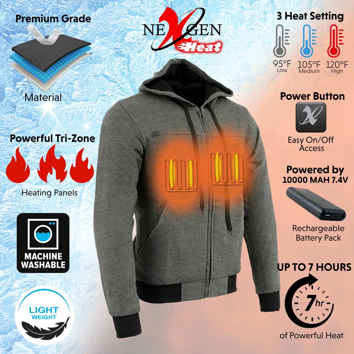 Nexgen Heat MPM1713SET Men's Fiery Grey Heated Sweatshirt Jacket