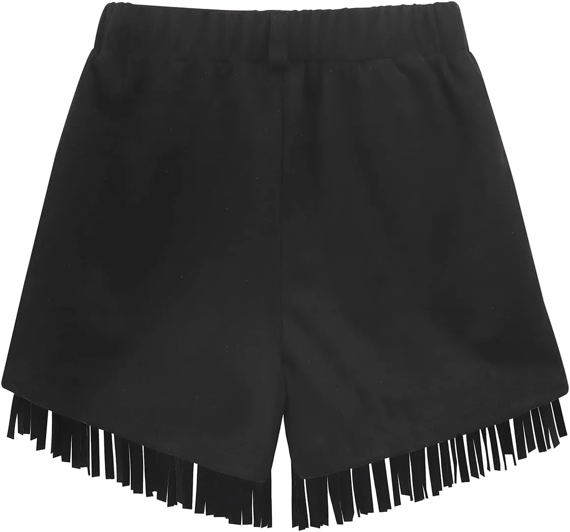 Noomelfish Kids Faux Suede Fringe Shorts Tassel Cowgirl Outfits with Pockets (5-12 Years)