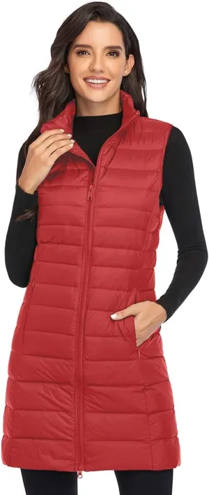 Obosoyo Women's Ultra Light Long Down Vest Winter Packable Down Jacket Lightweight Outdoor Puffer Vest Coat