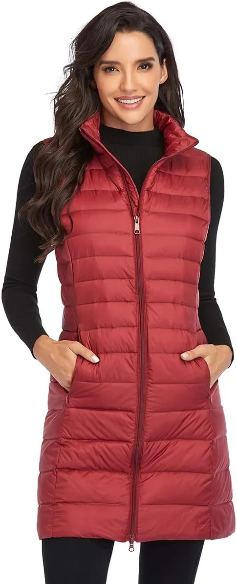 Obosoyo Women's Ultra Light Long Down Vest Winter Packable Down Jacket Lightweight Outdoor Puffer Vest Coat