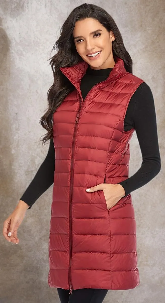 Obosoyo Women's Ultra Light Long Down Vest Winter Packable Down Jacket Lightweight Outdoor Puffer Vest Coat