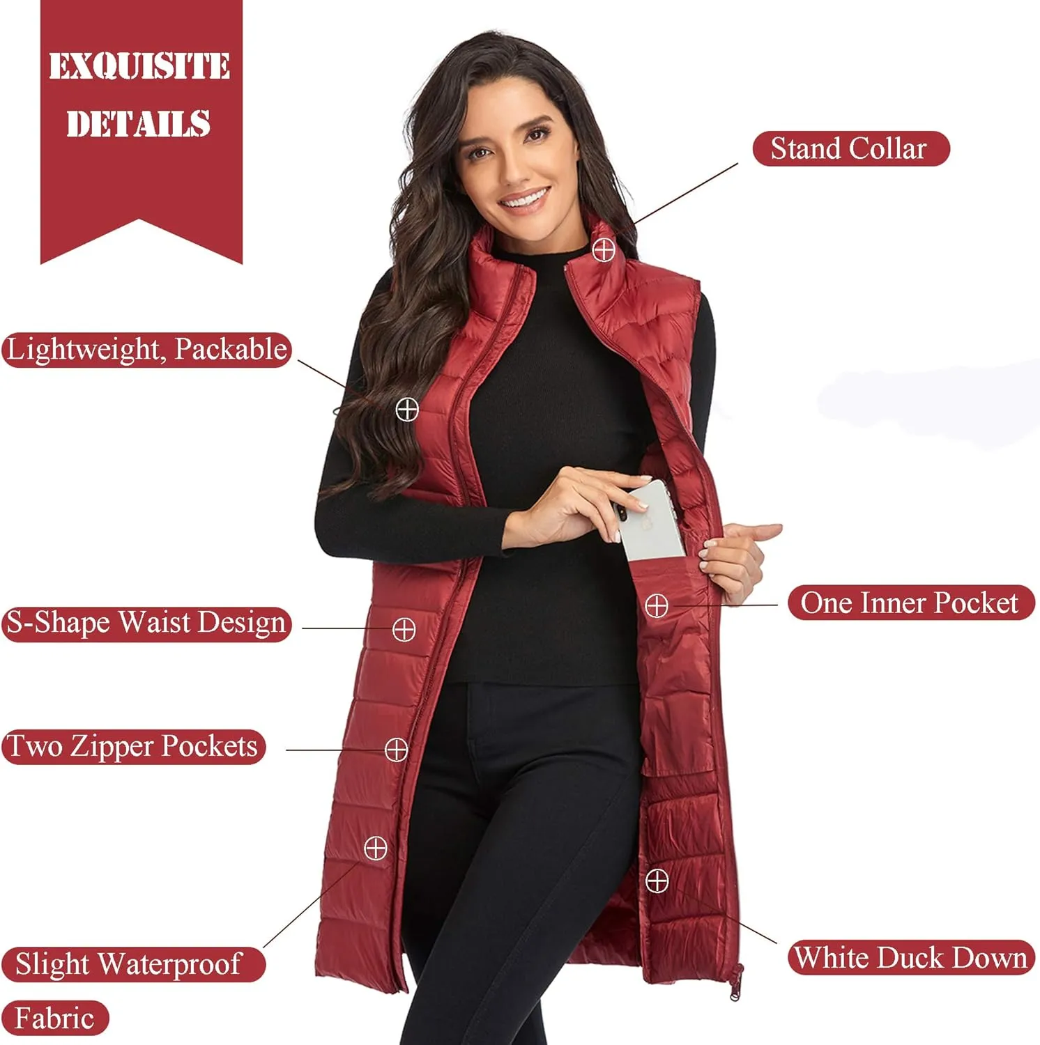 Obosoyo Women's Ultra Light Long Down Vest Winter Packable Down Jacket Lightweight Outdoor Puffer Vest Coat