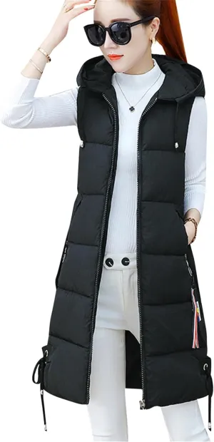 OMZIN Women's Winter Long Puffer Vest Zip up Slim Vest Lightweight Hooded Warm Down Cotton Vest
