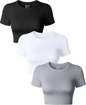 OQQ Women's 3 Piece Crop Tops Crew Neck Shorts Sleeve Stretch Fitted Shirts Crop Tops