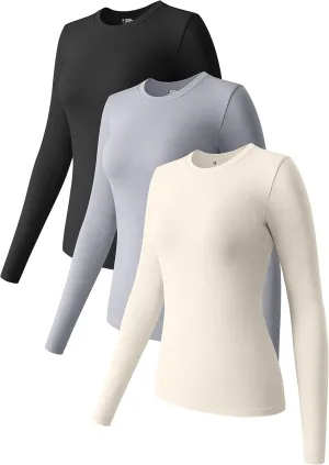 OQQ Womens 3 Piece Long Sleeve Tops Crew Neck Stretch Fitted Underscrubs Layer Tee Shirts 2025 Casual Outfits