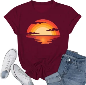 Outdoor Shirts for Women Retro Graphic Print Hiking Mountain T Shirts Summer Comfort Beach Hiking Workout Tee Tops