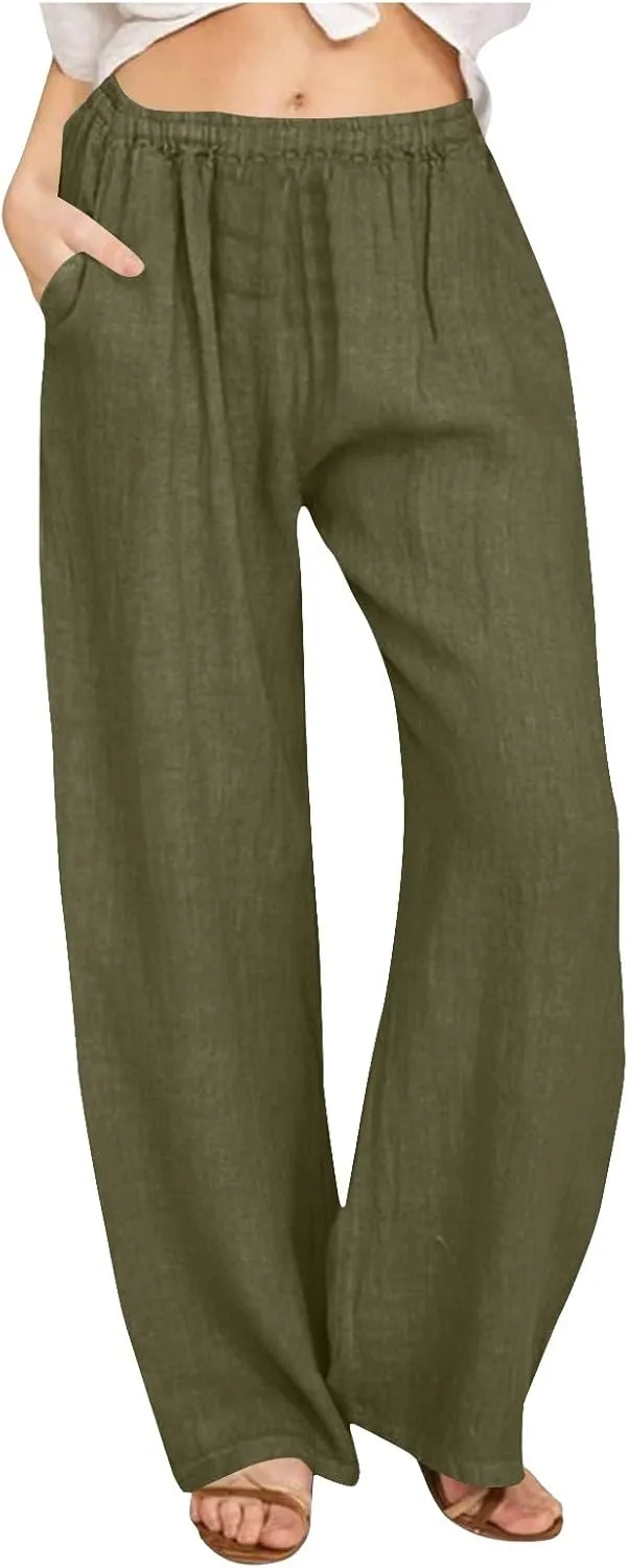Palazzo Pants for Women Dressy Casual Loose Fit Linen Pants Summer Beach Outfits High Waisted Baggy Trousers