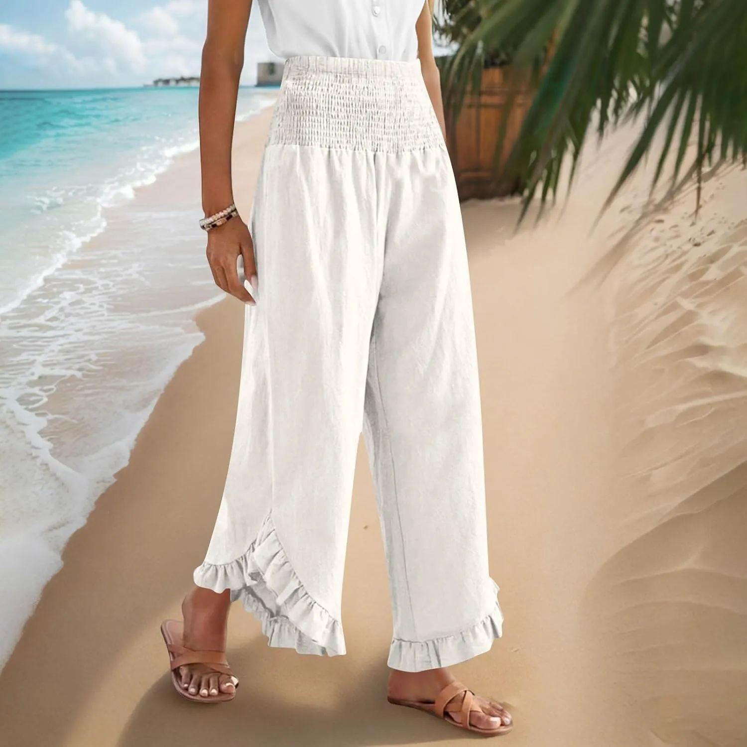 Palazzo Pants for Women Summer Linen Smocked Waist Wide Leg Pant Boho Flowy Ruffle Hem Casual Beach Vacation Trousers