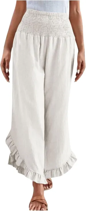 Palazzo Pants for Women Summer Linen Smocked Waist Wide Leg Pant Boho Flowy Ruffle Hem Casual Beach Vacation Trousers
