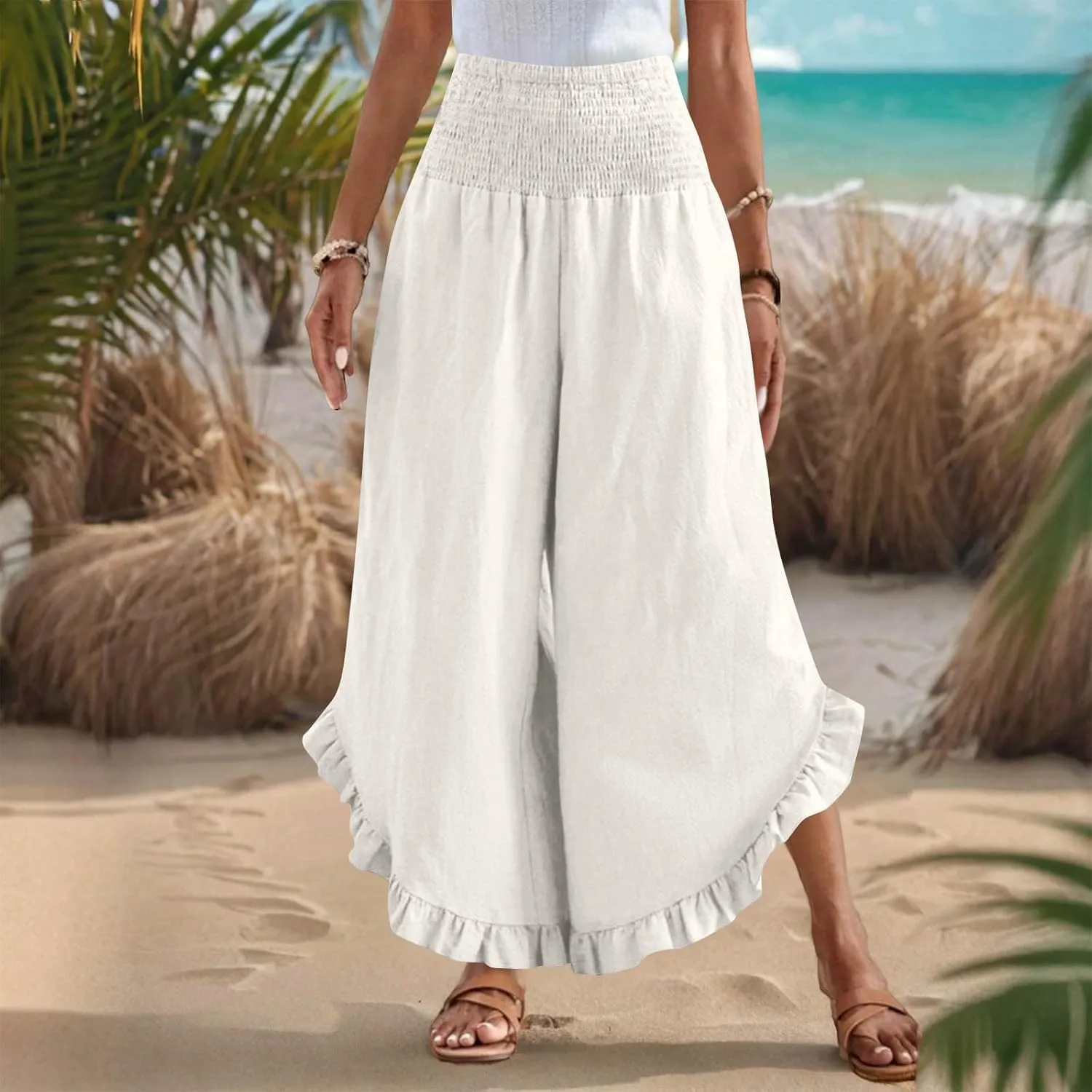 Palazzo Pants for Women Summer Linen Smocked Waist Wide Leg Pant Boho Flowy Ruffle Hem Casual Beach Vacation Trousers