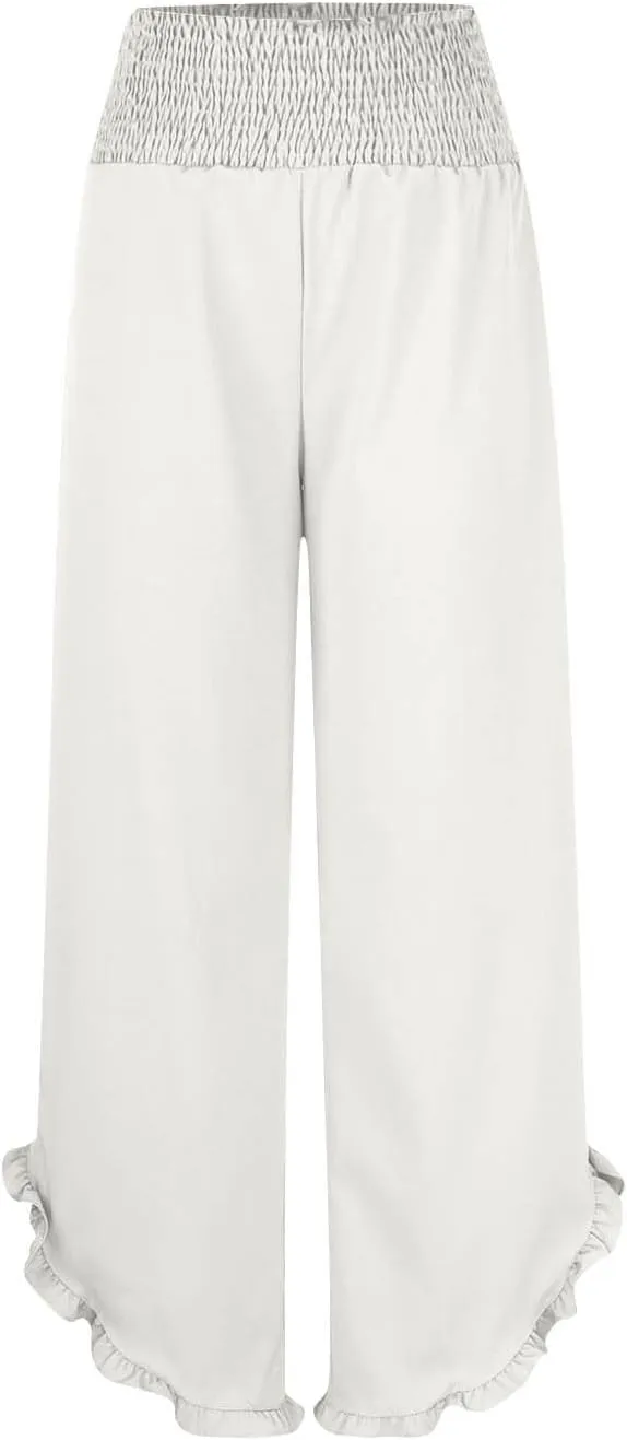 Palazzo Pants for Women Summer Linen Smocked Waist Wide Leg Pant Boho Flowy Ruffle Hem Casual Beach Vacation Trousers