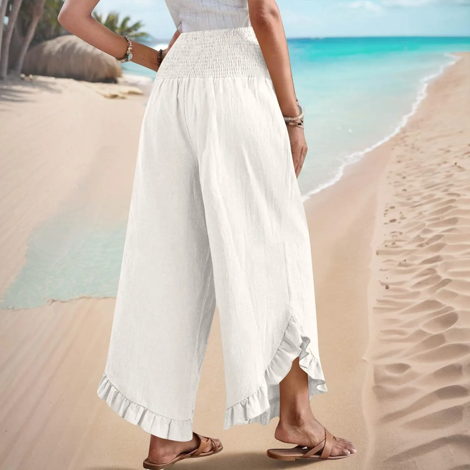 Palazzo Pants for Women Summer Linen Smocked Waist Wide Leg Pant Boho Flowy Ruffle Hem Casual Beach Vacation Trousers