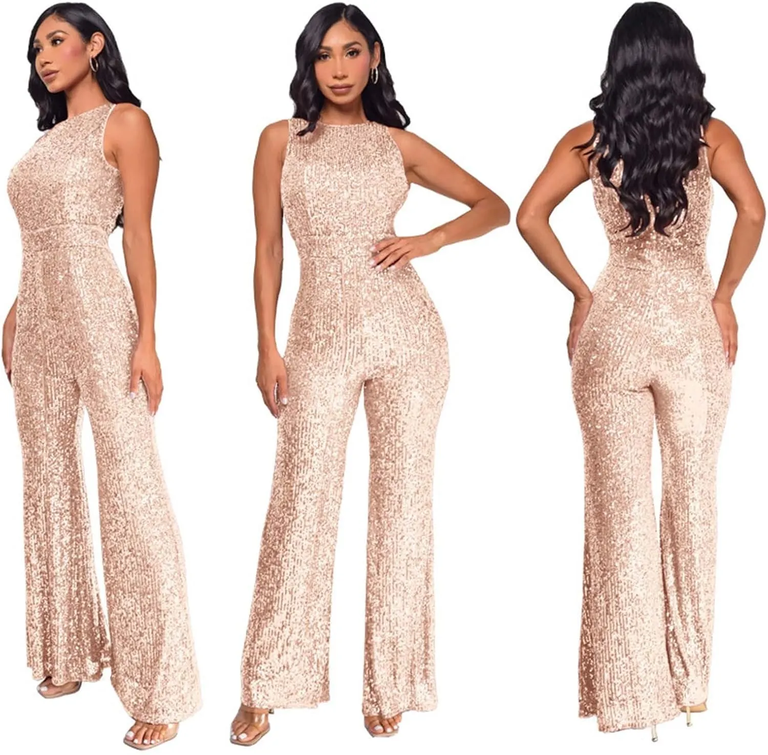 Party Formal Jumpsuit for Women Sleeveless Sequin Rompers Sparkly Long Pants Sexy Jumpsuits for Cocktail Party