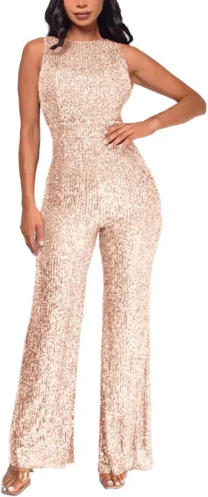 Party Formal Jumpsuit for Women Sleeveless Sequin Rompers Sparkly Long Pants Sexy Jumpsuits for Cocktail Party