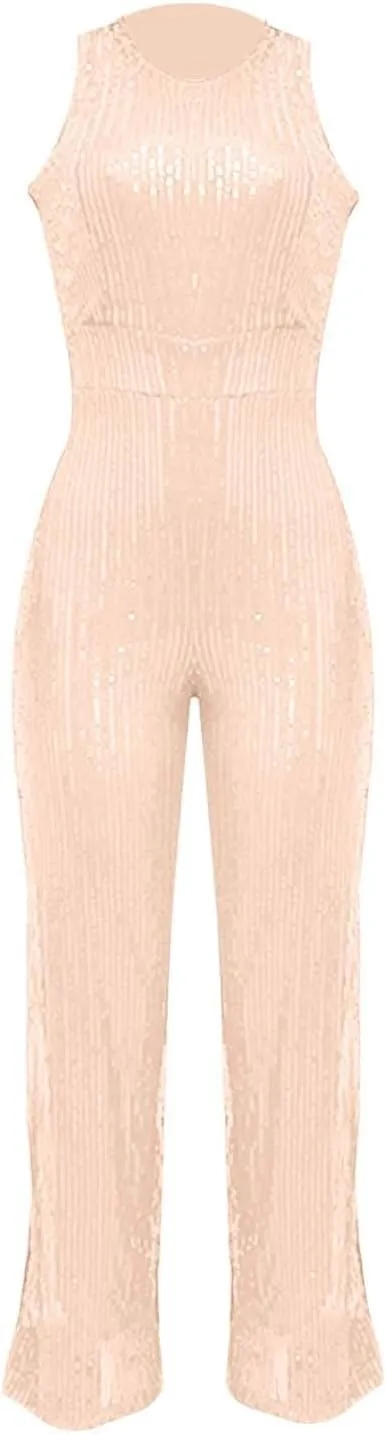 Party Formal Jumpsuit for Women Sleeveless Sequin Rompers Sparkly Long Pants Sexy Jumpsuits for Cocktail Party
