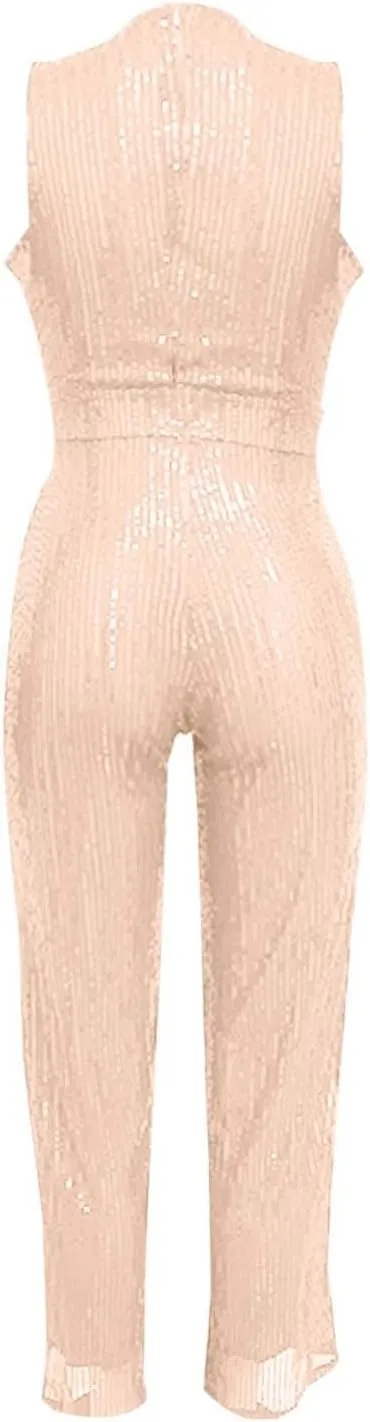Party Formal Jumpsuit for Women Sleeveless Sequin Rompers Sparkly Long Pants Sexy Jumpsuits for Cocktail Party