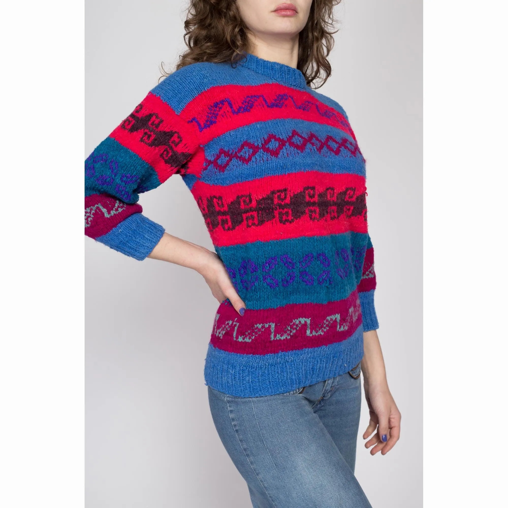 Petite Medium 70s Blue & Red Striped Lambswool Knit Sweater