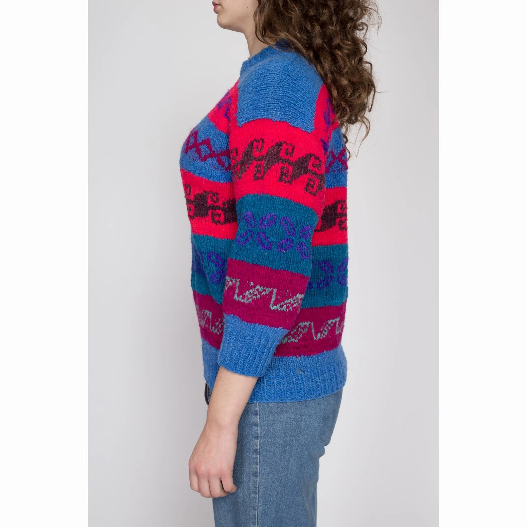Petite Medium 70s Blue & Red Striped Lambswool Knit Sweater