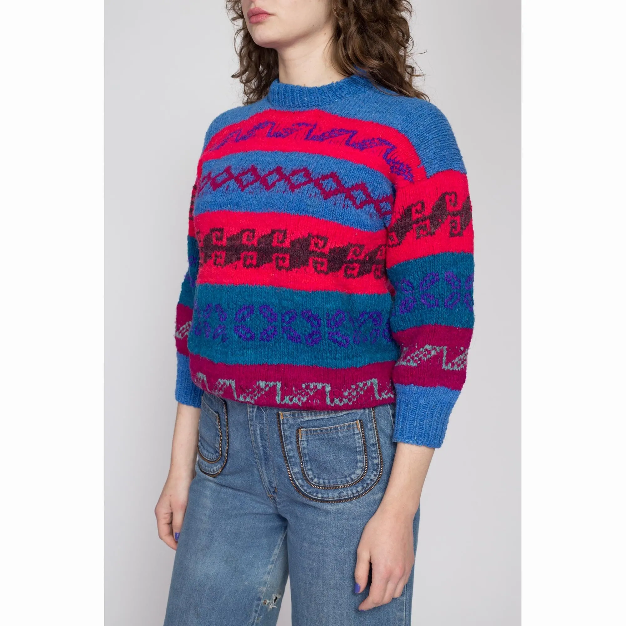 Petite Medium 70s Blue & Red Striped Lambswool Knit Sweater