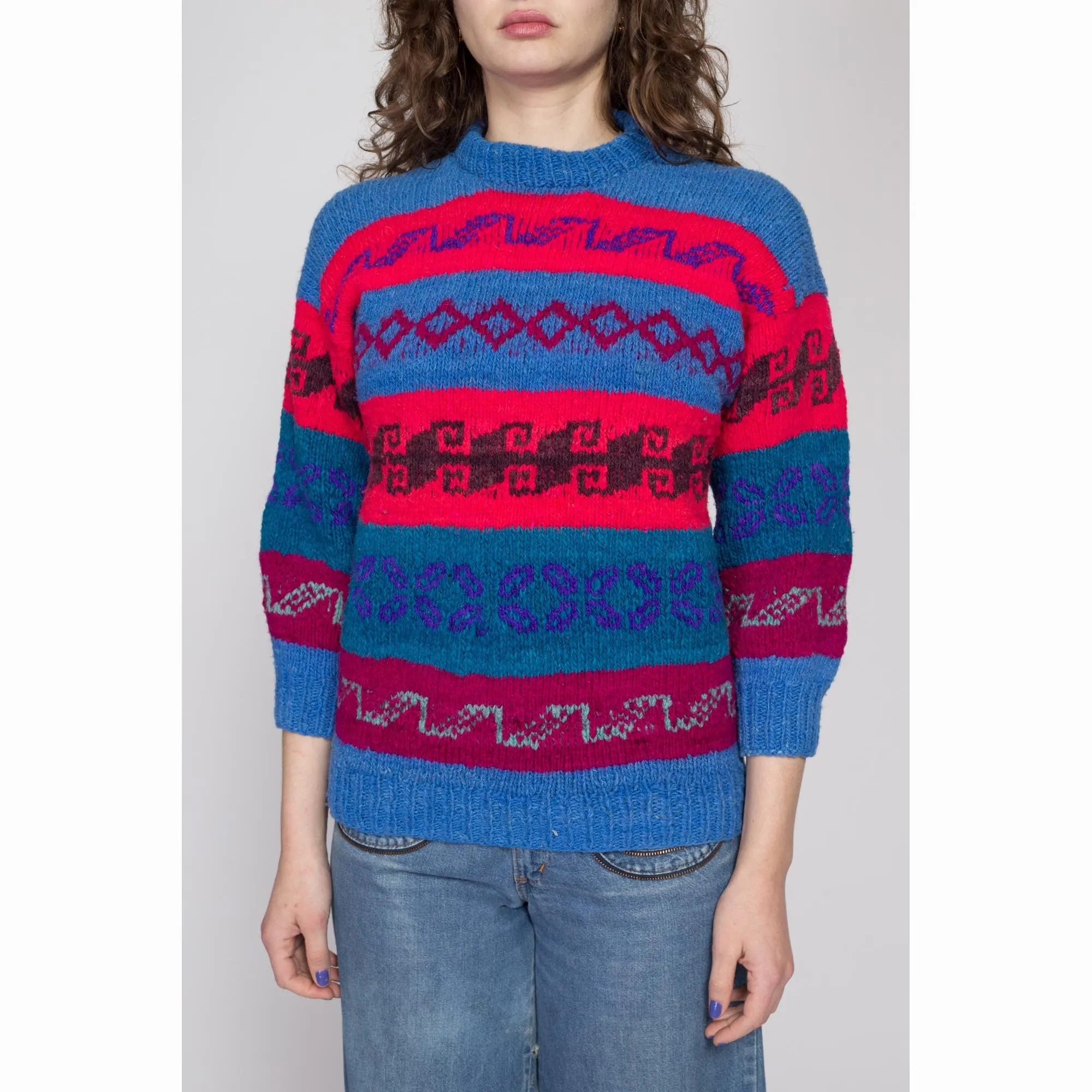Petite Medium 70s Blue & Red Striped Lambswool Knit Sweater