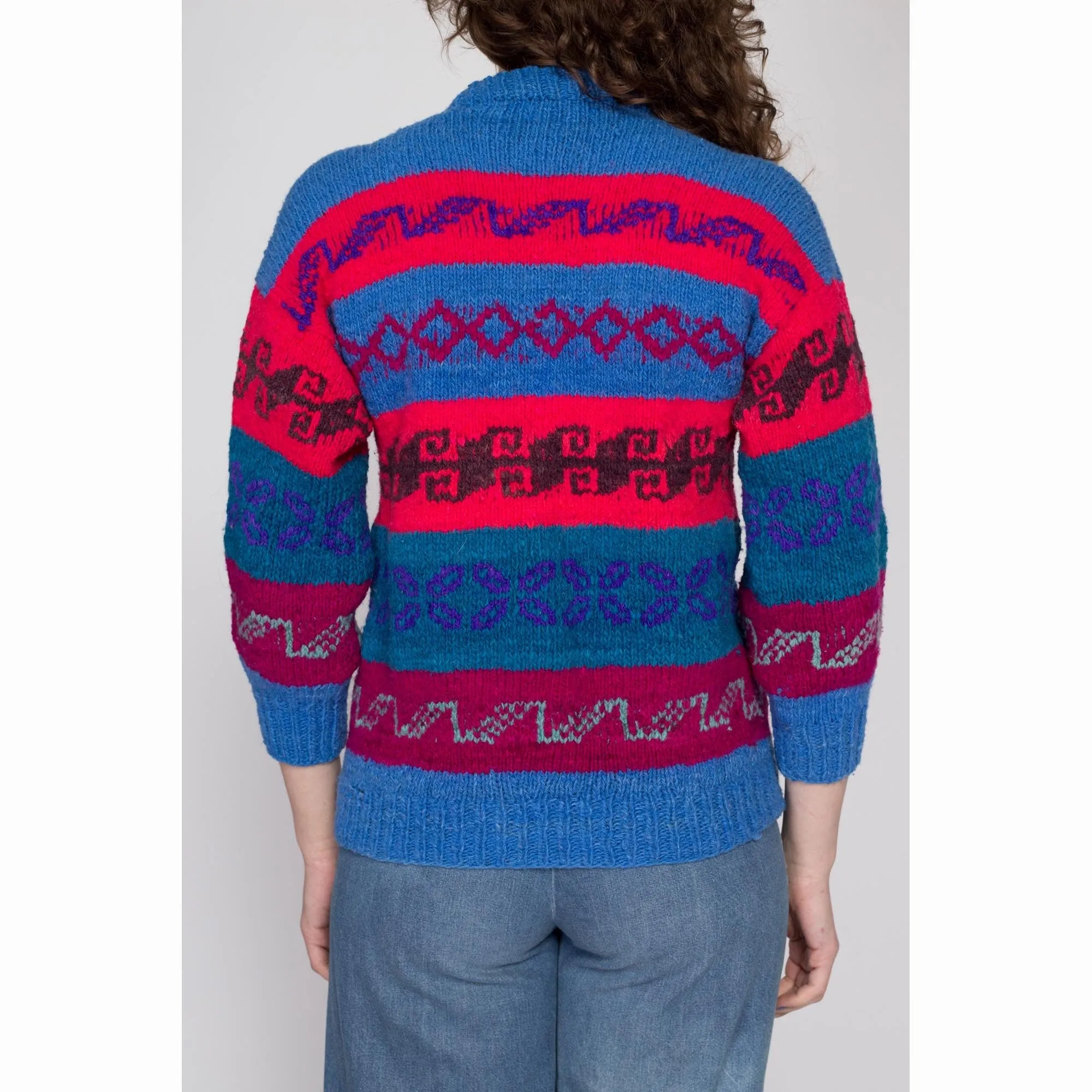 Petite Medium 70s Blue & Red Striped Lambswool Knit Sweater