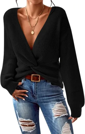 Pink Queen Women's 2024 Casual Pullover Sweaters Sexy V Neck Long Sleeve Twist Knot Cropped Knit Sweater Tops