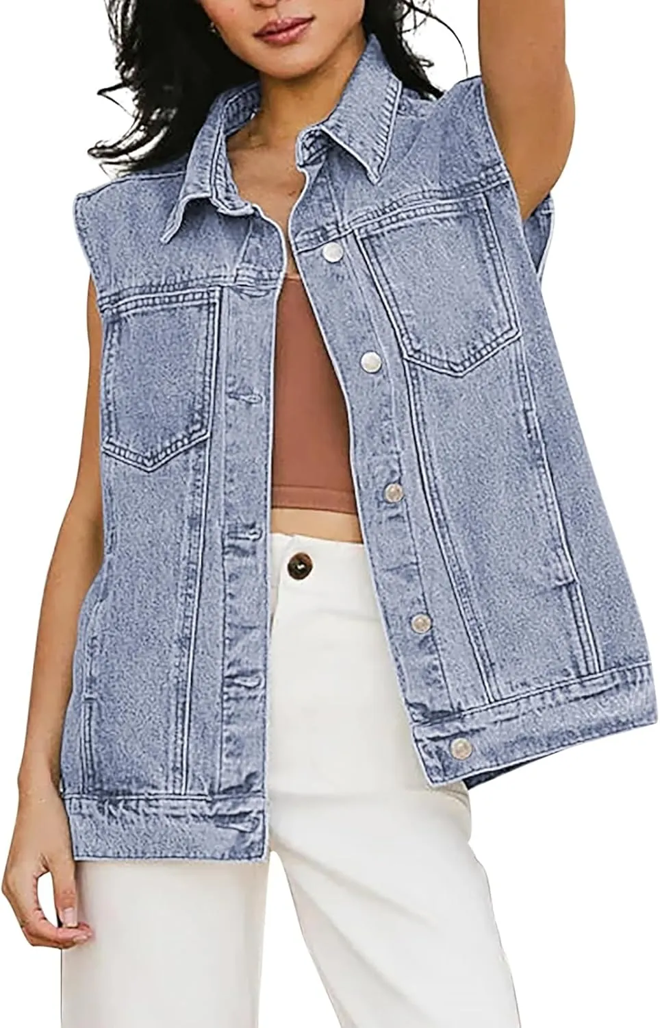 Pink Queen Women's Denim Vest 2025 Summer Sleeveless Button Down Jean Jacket Casual Loose Cotton Waistcoat Gilet with Pockets