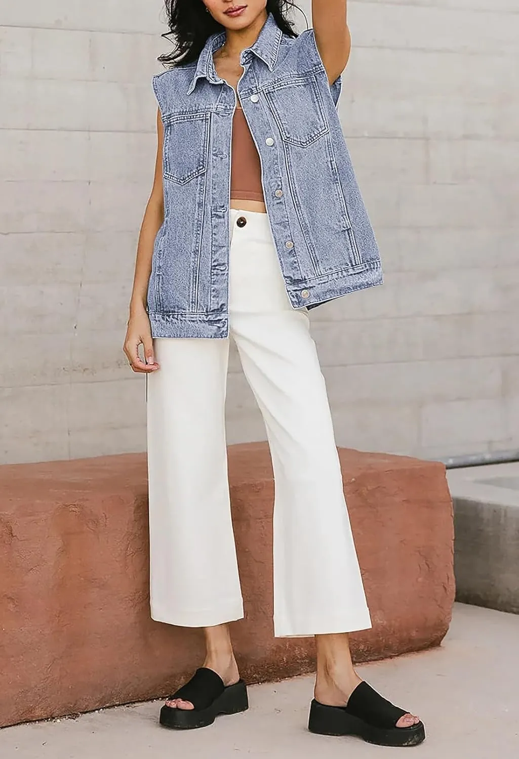 Pink Queen Women's Denim Vest 2025 Summer Sleeveless Button Down Jean Jacket Casual Loose Cotton Waistcoat Gilet with Pockets