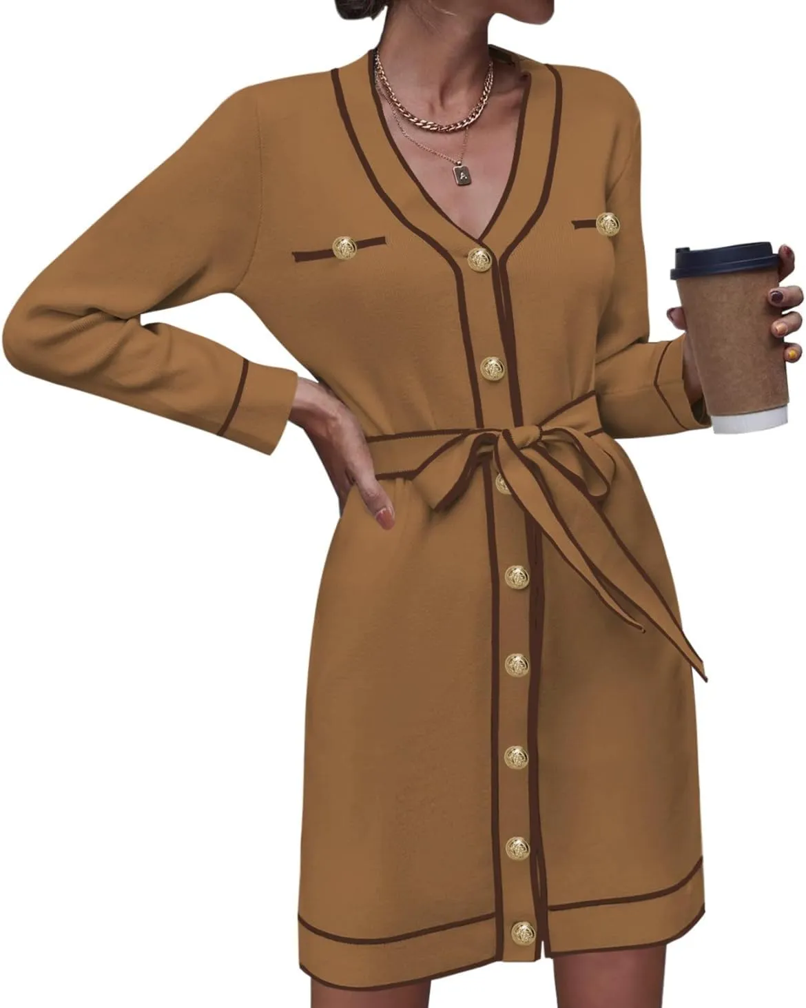 Pink Queen Women's Long Sleeve Button Down Mini Dress Elegant V Neck Open Front Color Block Knit Sweater Cardiagns with Belt