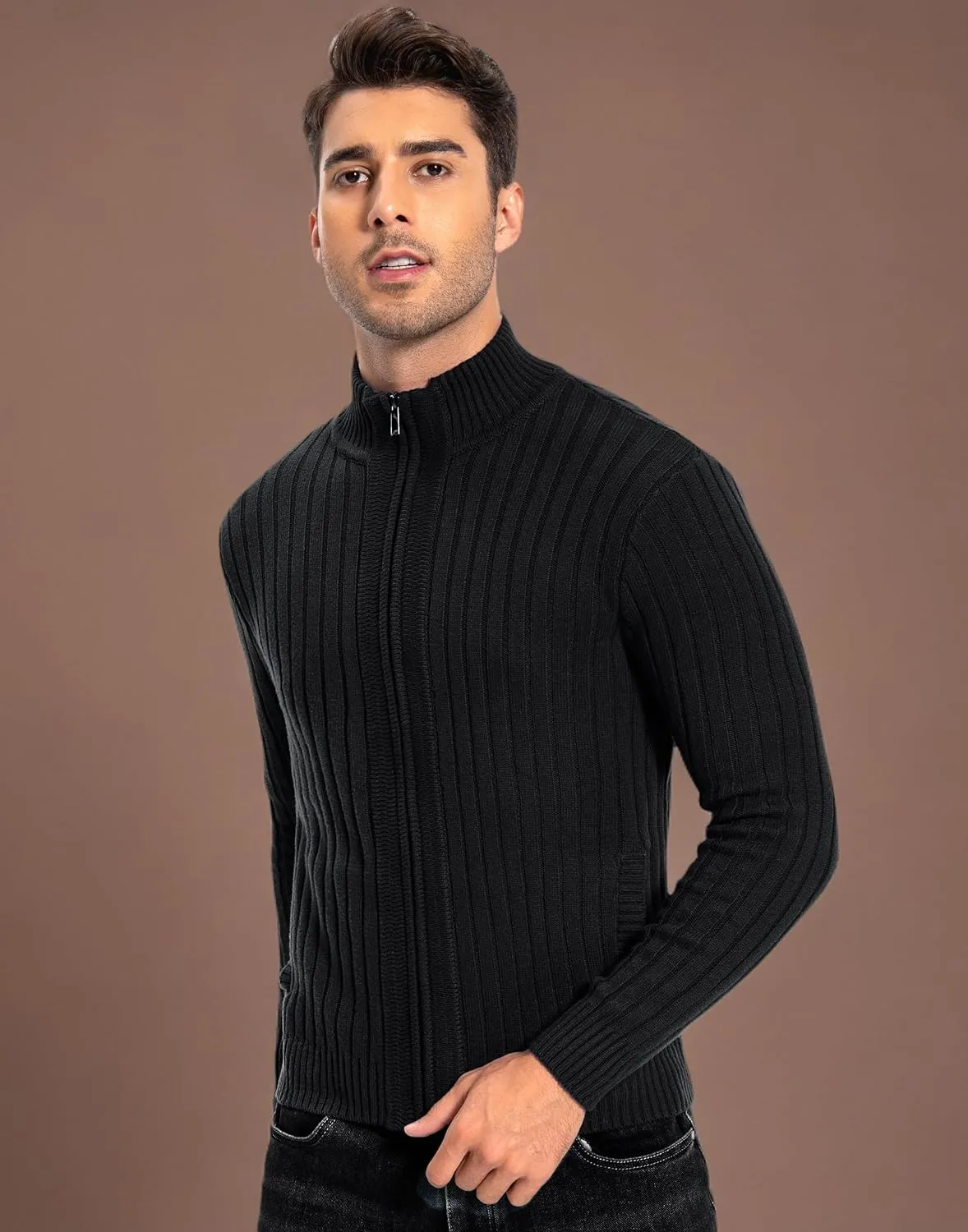 Pioneer Camp Men's Cardigan Sweaters Full Zip Up Stand Collar Slim Fit Casual Knitted Sweater with 2 Front Pockets
