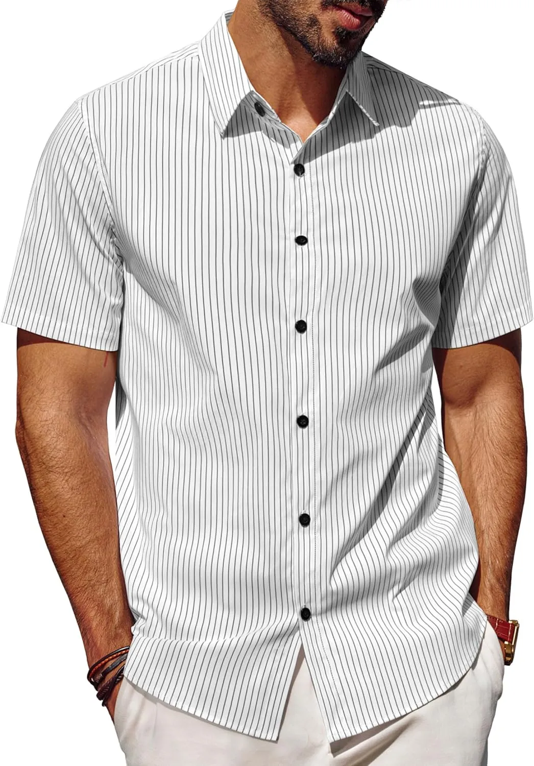 PJ PAUL JONES Mens Regular Fit Striped Dress Shirt Short Sleeve Button Down Shirts