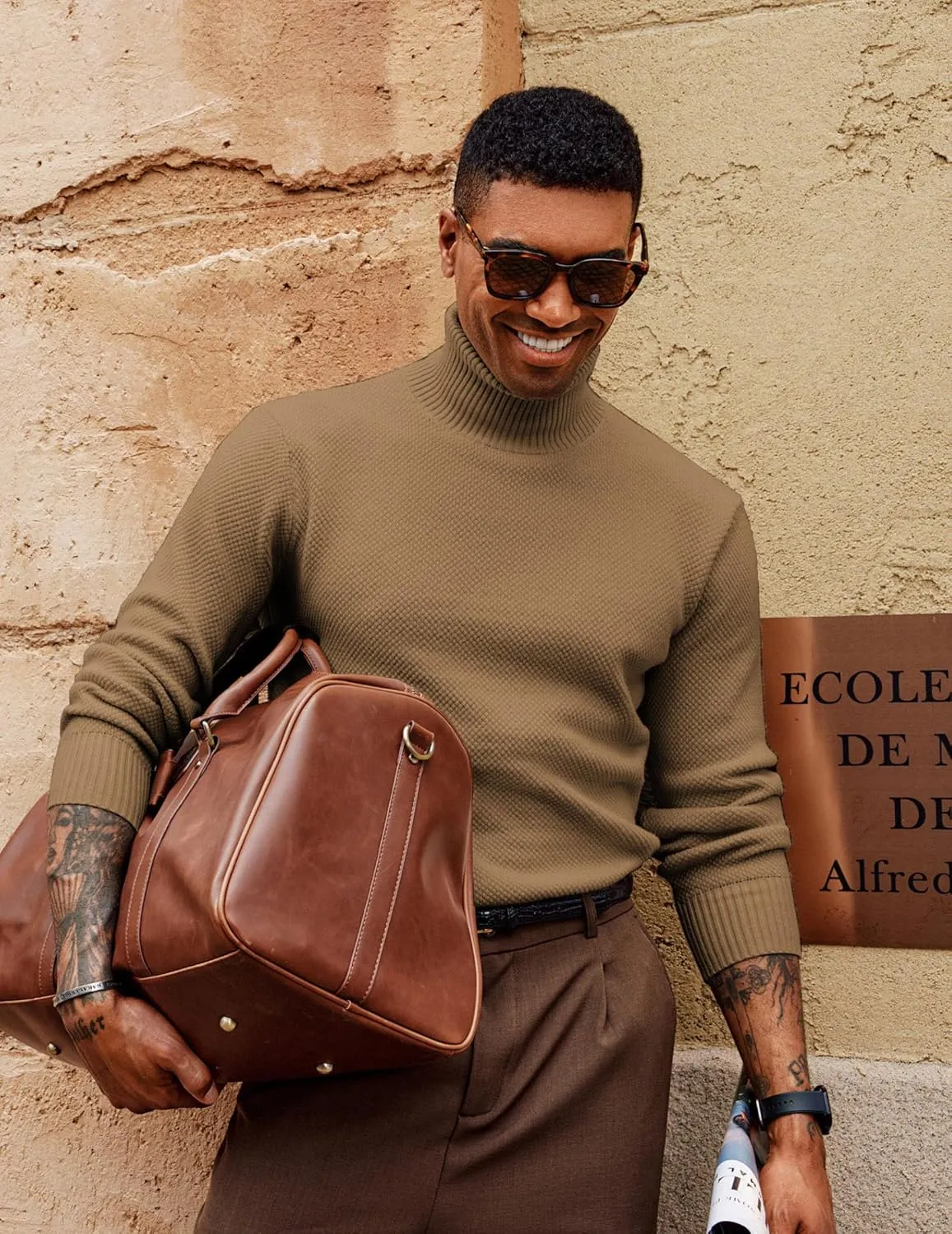 PJ PAUL JONES Men's Turtleneck Sweaters Knitted Casual Textured Pullover Sweater