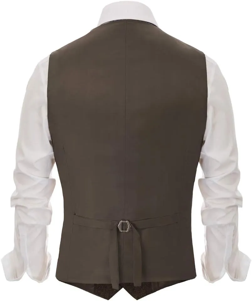 PJ PAUL JONES Men's Western Herringbone Tweed Suit Vest Wool Blend V Neck Slim Fit Waistcoat