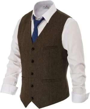 PJ PAUL JONES Men's Western Herringbone Tweed Suit Vest Wool Blend V Neck Slim Fit Waistcoat