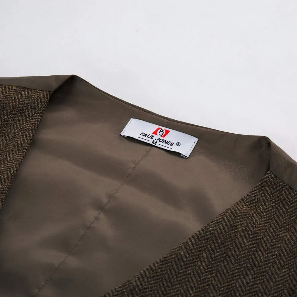 PJ PAUL JONES Men's Western Herringbone Tweed Suit Vest Wool Blend V Neck Slim Fit Waistcoat