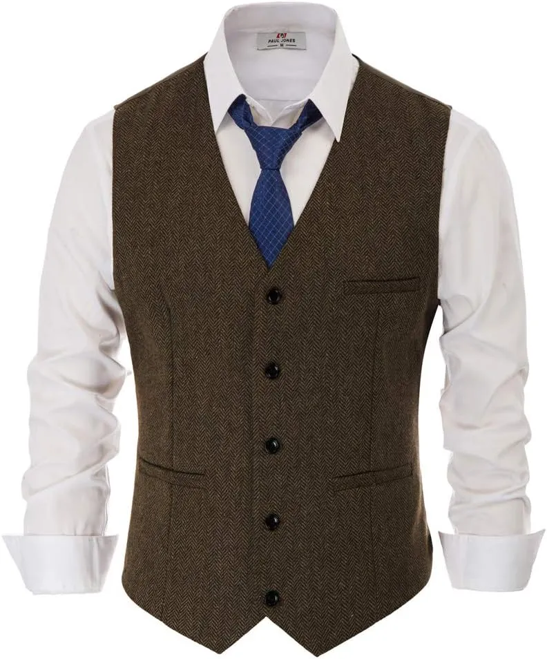 PJ PAUL JONES Men's Western Herringbone Tweed Suit Vest Wool Blend V Neck Slim Fit Waistcoat
