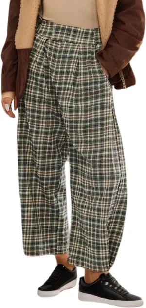 Plaid Wide Leg Pants Woman Loose Mid Rise Baggy Pant Christmas Casual Barrel Trousers with Pockets