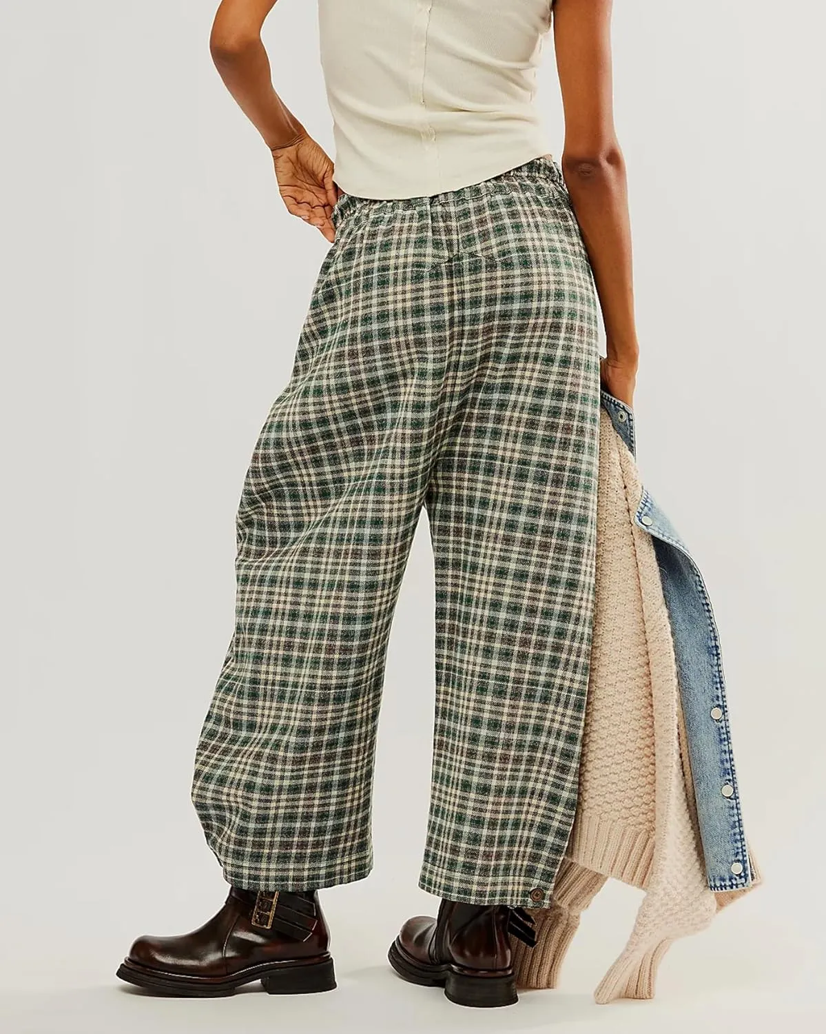 Plaid Wide Leg Pants Woman Loose Mid Rise Baggy Pant Christmas Casual Barrel Trousers with Pockets